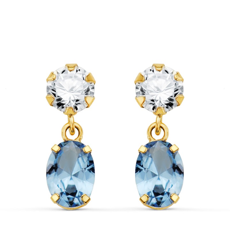 Pendientes Oro Amarillo Dos Cuerpos Con Circonita Y Aguamarina Oval 16 X 5Mm. Cierre Presion oro 18k