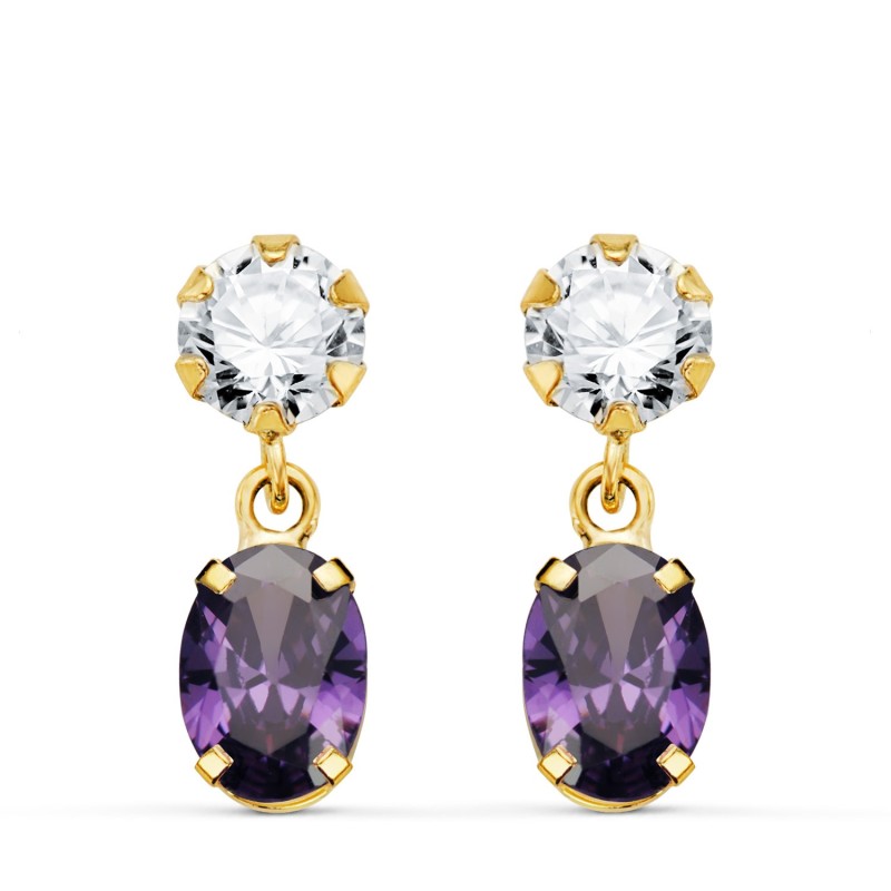 Pendientes Oro Amarillo Dos Cuerpos Con Circonita Y Amatista Oval 16 X 5Mm. Cierre Presion oro 18k