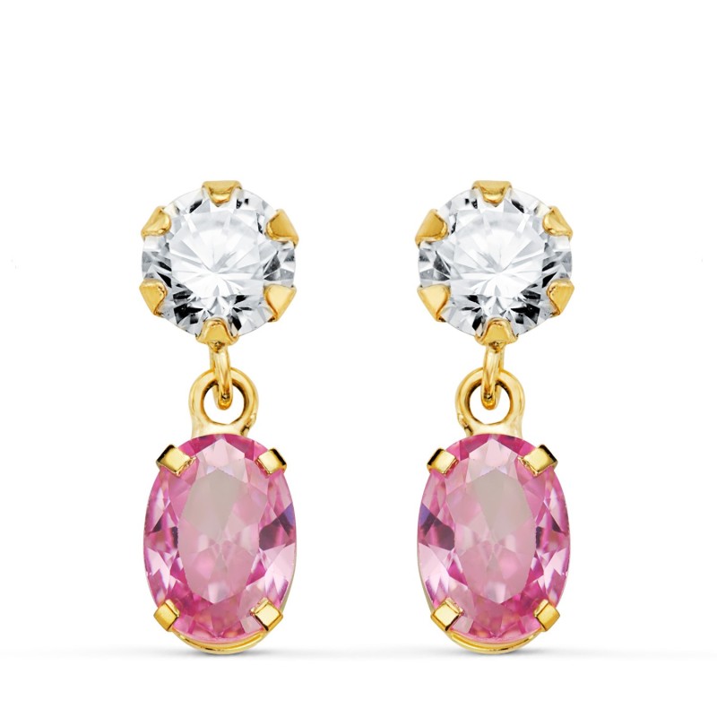 Pendientes Oro Amarillo Dos Cuerpos Con Circonita Y Piedra Rosa Oval 16 X 5Mm. Cierre Presion oro 18k