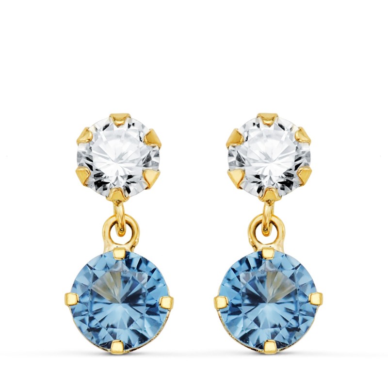 Pendientes Oro Amarillo Dos Cuerpos Con Circonita Y Aguamarina Redonda 15 X 6Mm. Cierre Presion oro 18k