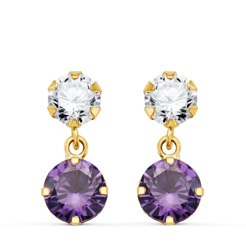 Pendientes Oro Amarillo Dos Cuerpos Con Circonita Y Amatista Redonda 15 X 6 Mm. Cierre Presion oro 18k