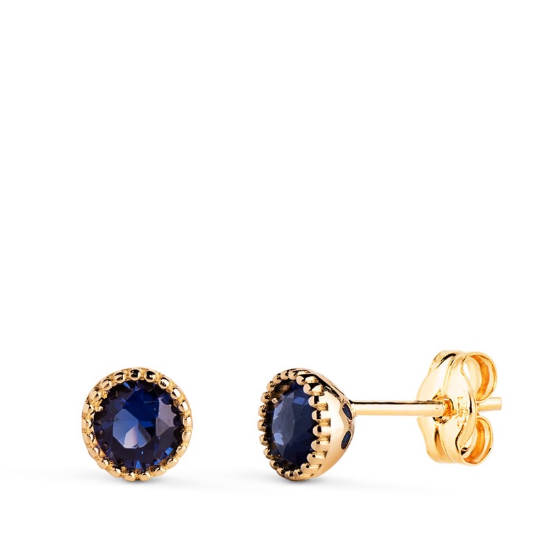 Pendientes Oro Amarillo Redondos Piedra Azul Bordes Bolitas. Medida: 5Mm. Cierre Presion oro 18k