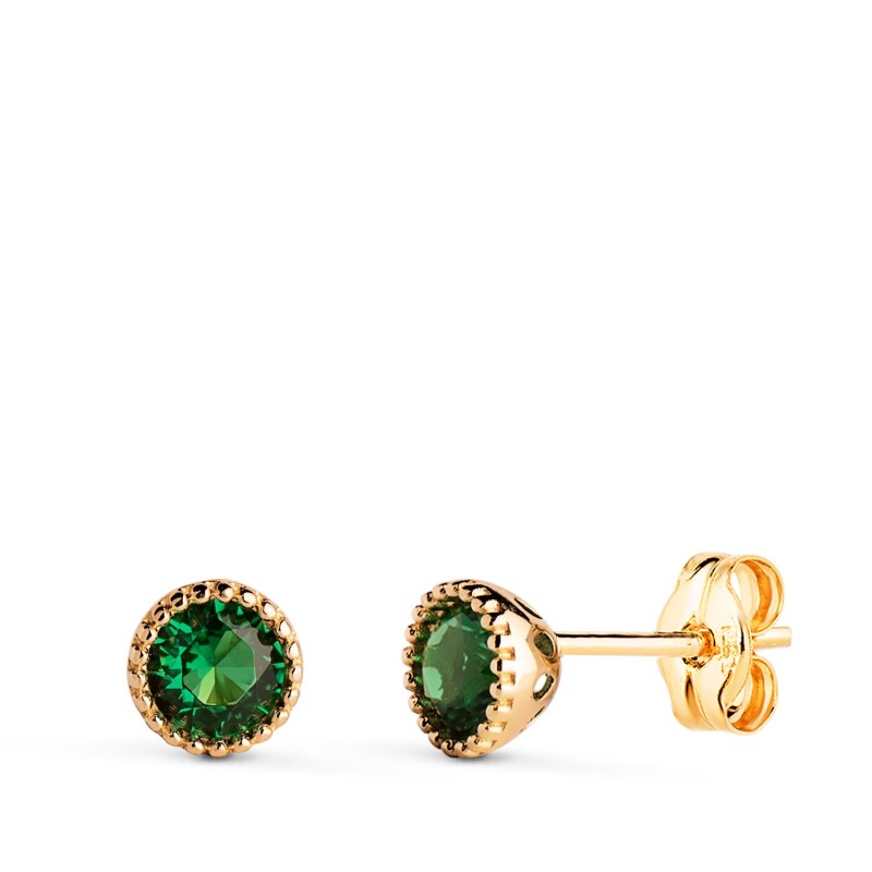 Pendientes Oro Amarillo Redondos Piedra Verde Bordes Bolitas. Medida: 5Mm. Cierre Presion oro 18k