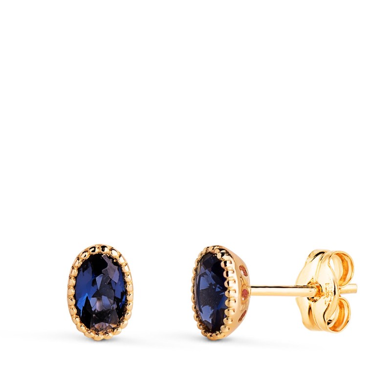 Pendientes Oro Amarillo Oval Piedra Azul Bordes Bolitas. Medida: 6 X 4Mm. Cierre Presion oro 18k