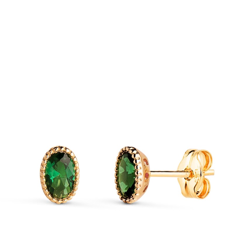 Pendientes Oro Amarillo Oval Piedra Verde Bordes Bolitas. Medida: 6 X 4Mm. Cierre Presion oro 18k