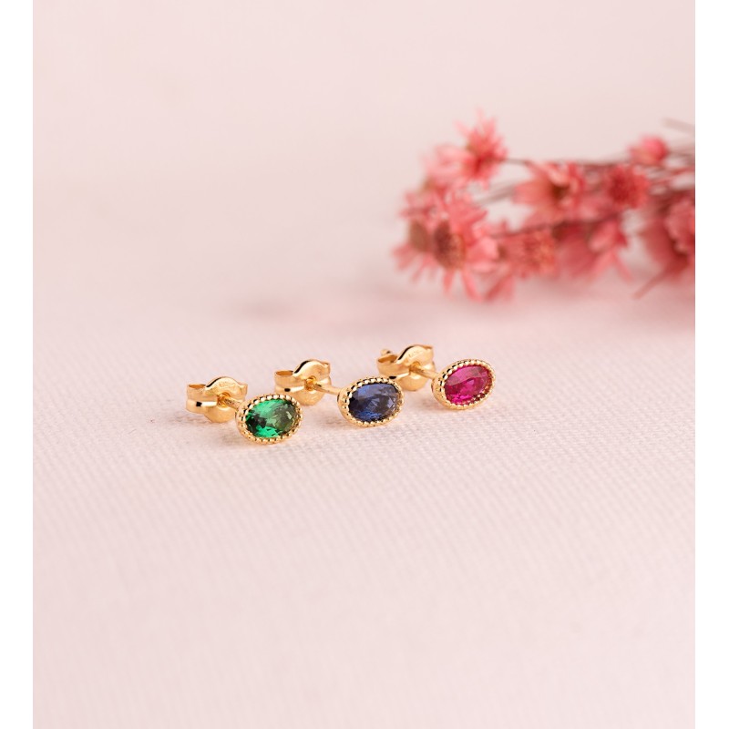Pendientes Oro Amarillo Oval Piedra Verde Bordes Bolitas. Medida: 6 X 4Mm. Cierre Presion oro 18k