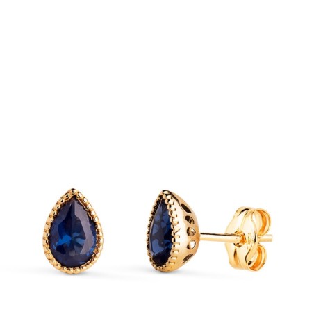 Pendientes Oro Amarillo Gota Piedra Azul Bordes Bolitas. Medida: 7 X5 Mm. Cierre Presion oro 18k