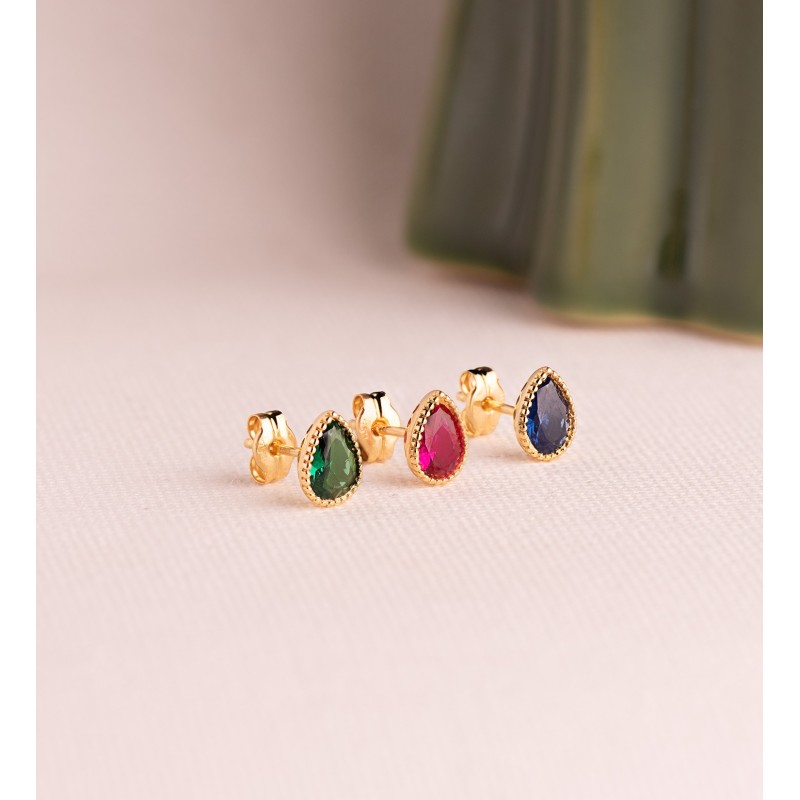 Pendientes Oro Amarillo Gota Piedra Azul Bordes Bolitas. Medida: 7 X5 Mm. Cierre Presion oro 18k
