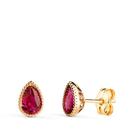 Pendientes Oro Amarillo Gota Piedra Roja Bordes Bolitas. Medida: 7 X5 Mm. Cierre Presion oro 18k