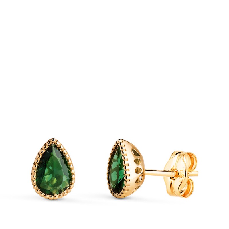 Pendientes Oro Amarillo Gota Piedra Verde Bordes Bolitas. Medida: 7 X5 Mm. Cierre Presion oro 18k