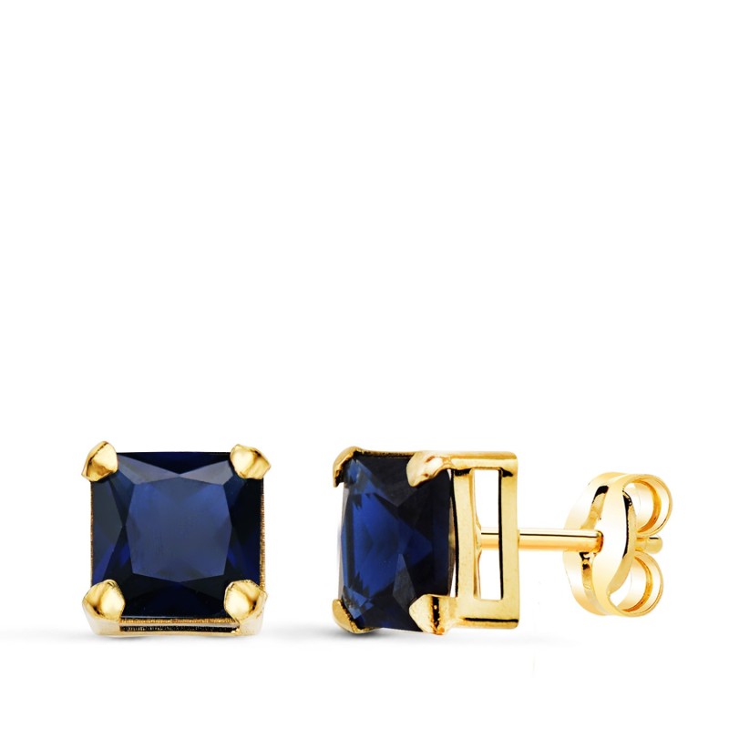 Pendientes Oro Amarillo Cuadrados Piedra Color Azul 6 X 6 Mm. Cierre Presion oro 18k