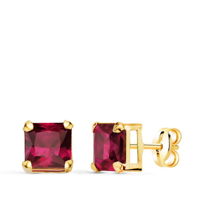 Pendientes Oro Amarillo Cuadrados Piedra Color Rojo 6 X 6 Mm. Cierre Presion oro 18k