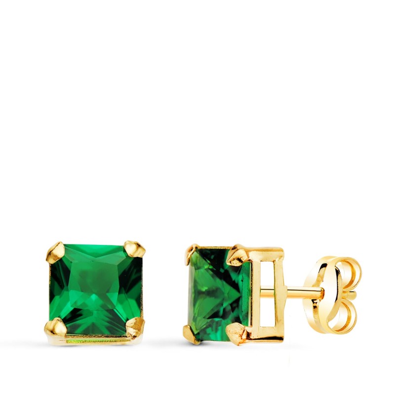 Pendientes Oro Amarillo Cuadrados Piedra Color Verde 6 X 6 Mm. Cierre Presion oro 18k