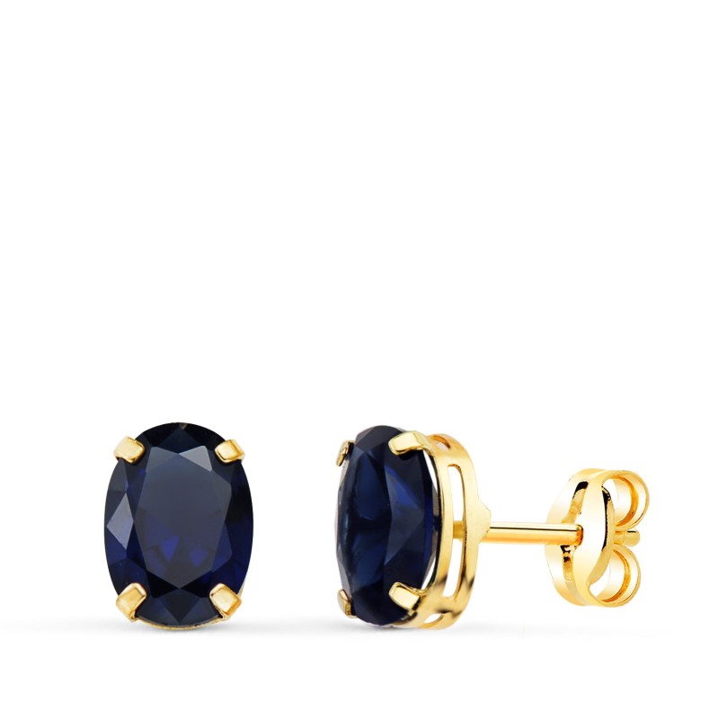 Pendientes Oro Amarillo Oval Piedra Azul 7 X 5 Mm. Cierre Presion oro 18k