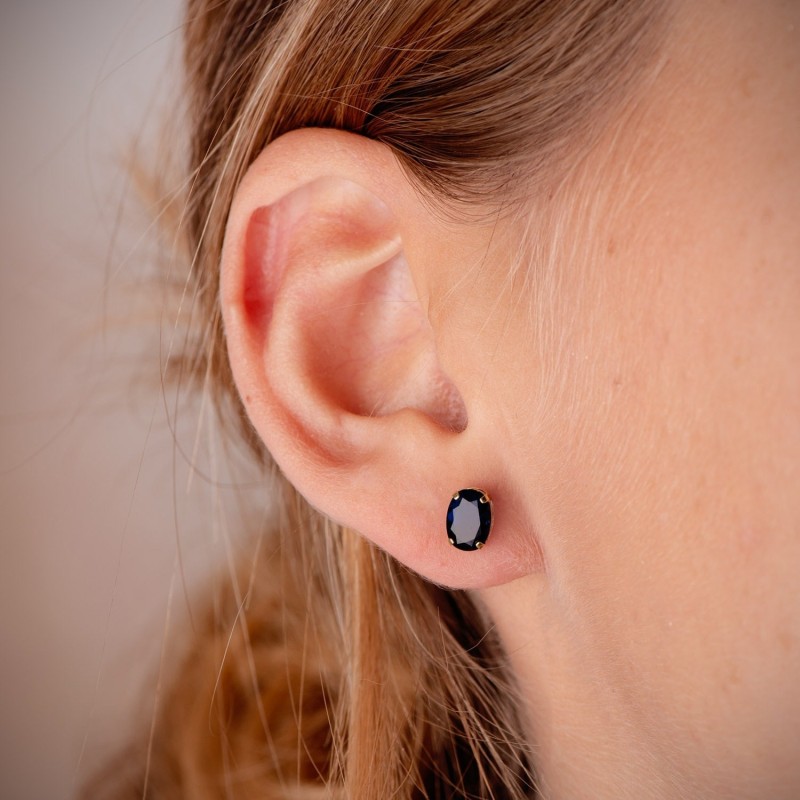 Pendientes Oro Amarillo Oval Piedra Azul 7 X 5 Mm. Cierre Presion oro 18k