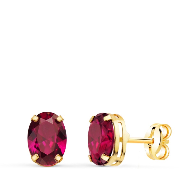 Pendientes Oro Amarillo Oval Piedra Roja 7 X 5 Mm. Cierre Presion oro 18k