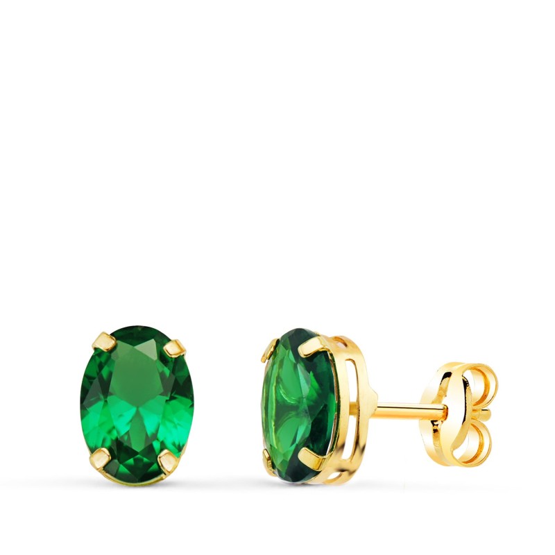 Pendientes Oro Amarillo Oval Piedra Verde 7 X 5 Mm. Cierre Presion oro 18k