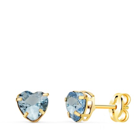 Pendientes Oro Amarillo Corazon Con Circonita Aguamarina. Medida: 5X5 Mm. Cierre Presion oro 18k