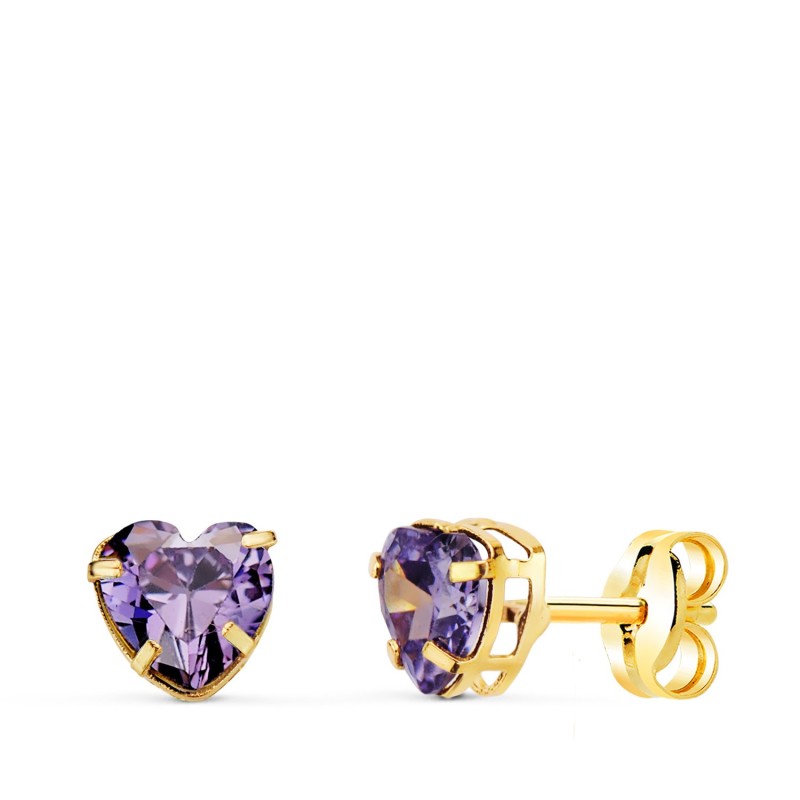 Pendientes Oro Amarillo Corazon Con Circonita Amatista. Medida: 5X5 Mm. Cierre Presion oro 18k