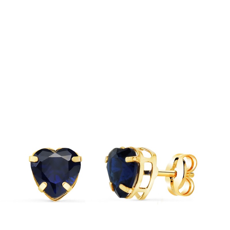 Pendientes Oro Amarillo Corazon Piedra Color Azul 6 X 6 Mm. Cierre Presion oro 18k