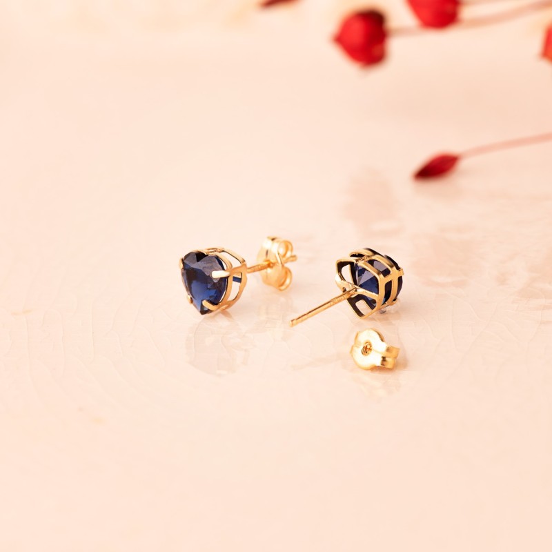 Pendientes Oro Amarillo Corazon Piedra Color Azul 6 X 6 Mm. Cierre Presion oro 18k