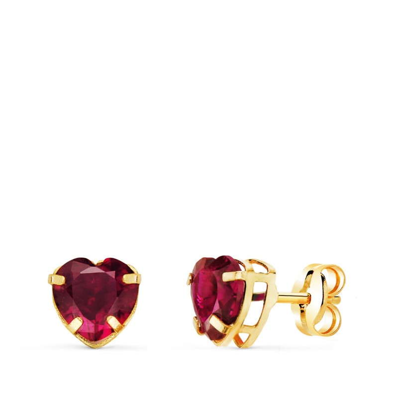 Pendientes Oro Amarillo Corazon Piedra Color Roja 6 X 6 Mm. Cierre Presion oro 18k