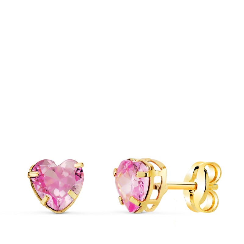 Pendientes Oro Amarillo Corazon Con Circonita Rosa. Medida: 5X5 Mm. Cierre Presion oro 18k