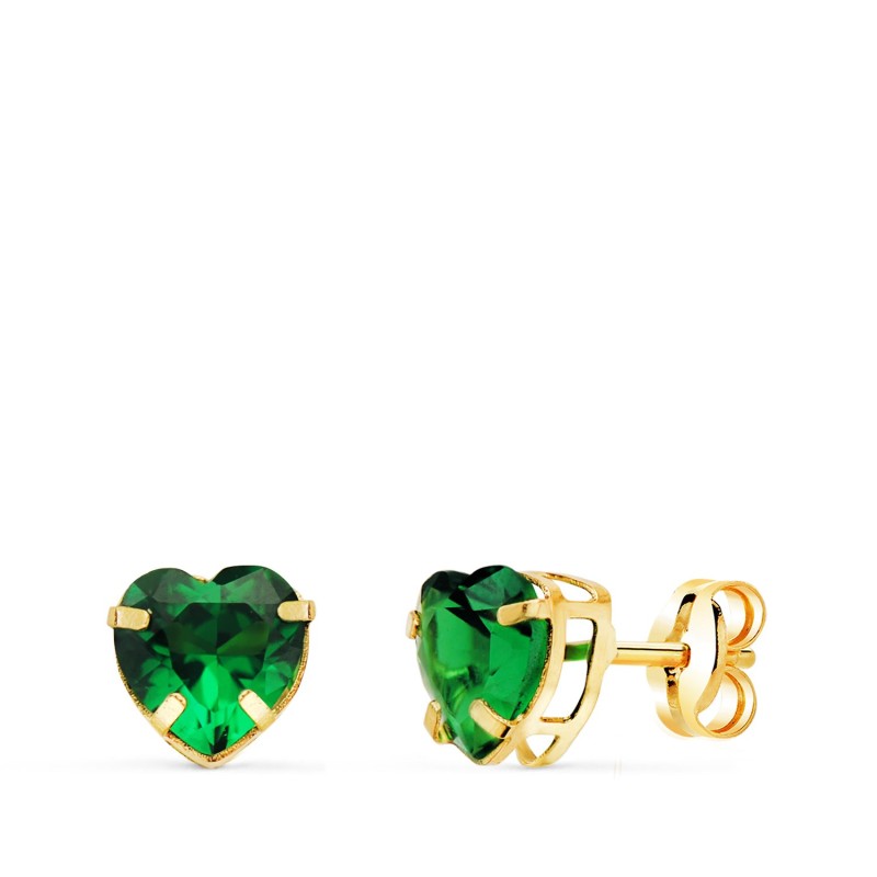 Pendientes Oro Amarillo Corazon Piedra Color Verde 6 X 6 Mm. Cierre Presion oro 18k