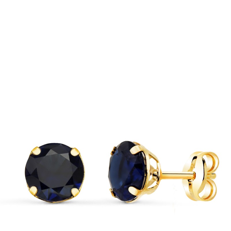 Pendientes Oro Amarillo Redondos Piedra Azul 6 Mm. Cierre Presion oro 18k