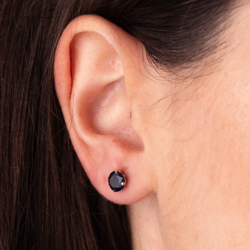 Pendientes Oro Amarillo Redondos Piedra Azul 6 Mm. Cierre Presion oro 18k