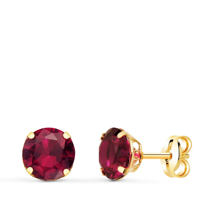 Pendientes Oro Amarillo Redondos Piedra Roja 6 Mm. Cierre Presion oro 18k