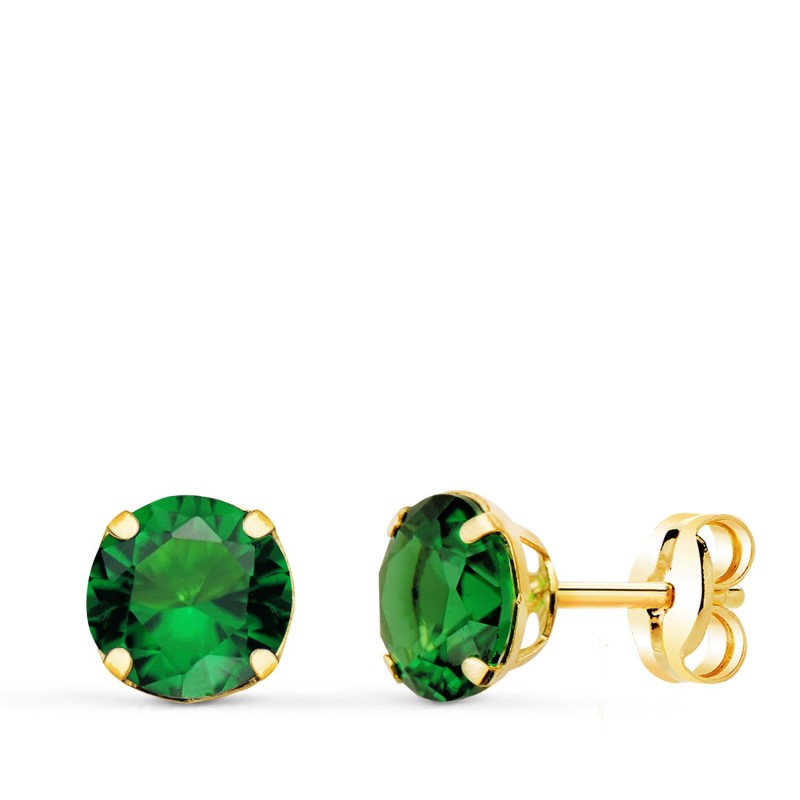 Pendientes Oro Amarillo Redondos Piedra Verde 6 Mm. Cierre Presion oro 18k