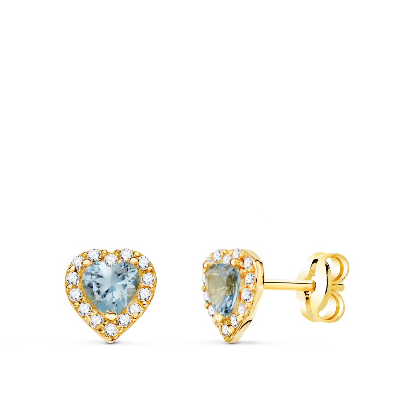 Pendientes Oro Amarillo Corazon Circonita Y Agua Marina 6,5 X 6,5 Mm. Cierre Presion oro 18k
