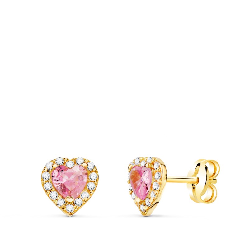 Pendientes Oro Amarillo Corazon Circonita Y Piedra Rosa 6,5 X 6,5 Mm. Cierre Presion oro 18k