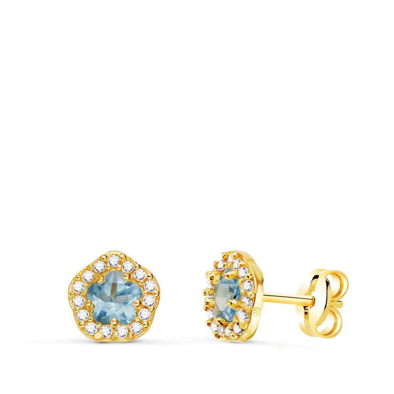 Pendientes Oro Amarillo Flor Circonita Y Agua Marina 7 X 6,5 Mm. Cierre Presion oro 18k
