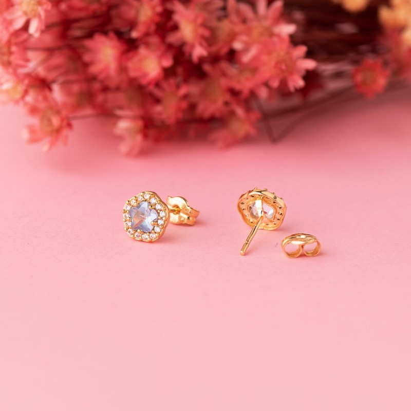 Pendientes Oro Amarillo Flor Circonita Y Agua Marina 7 X 6,5 Mm. Cierre Presion oro 18k