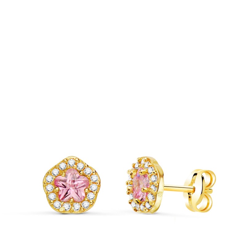 Pendientes Oro Amarillo Flor Circonita Y Piedra Rosa 7 X 6,5 Mm. Cierre Presion oro 18k