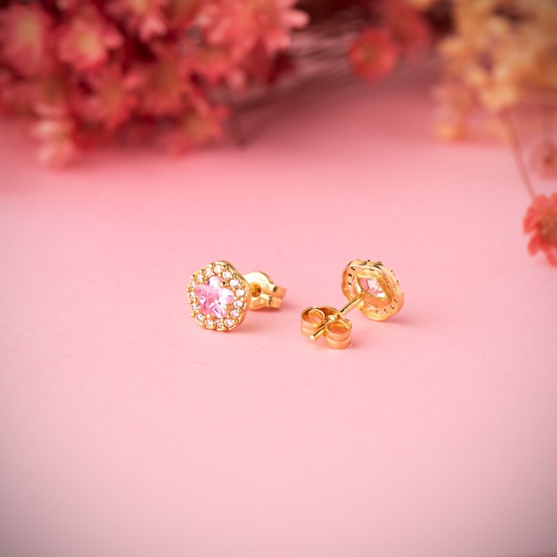 Pendientes Oro Amarillo Flor Circonita Y Piedra Rosa 7 X 6,5 Mm. Cierre Presion oro 18k
