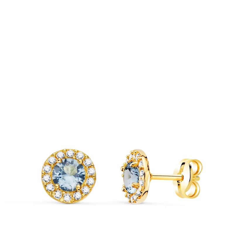 Pendientes Oro Amarillo Redondos Circonita Y Agua Marina 6,5 Mm. Cierre Presion oro 18k