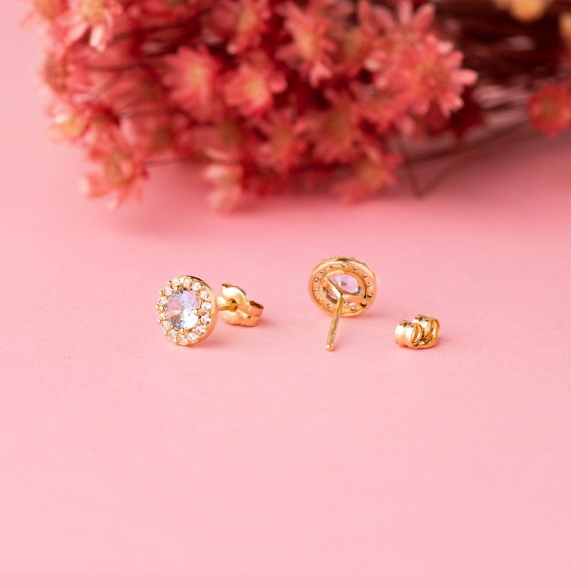Pendientes Oro Amarillo Redondos Circonita Y Agua Marina 6,5 Mm. Cierre Presion oro 18k