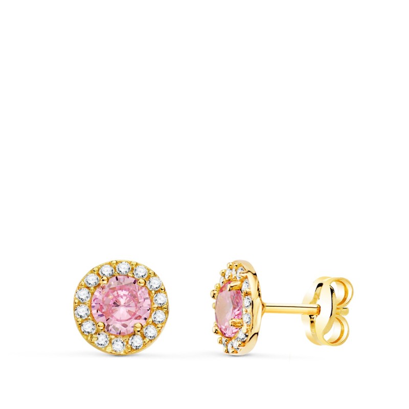 Pendientes Oro Amarillo Redondos Circonita Y Piedra Rosa 6,5 Mm. Cierre Presion oro 18k