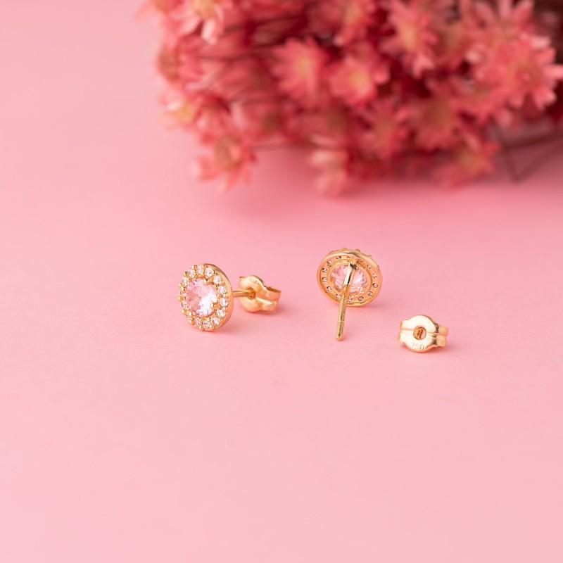 Pendientes Oro Amarillo Redondos Circonita Y Piedra Rosa 6,5 Mm. Cierre Presion oro 18k