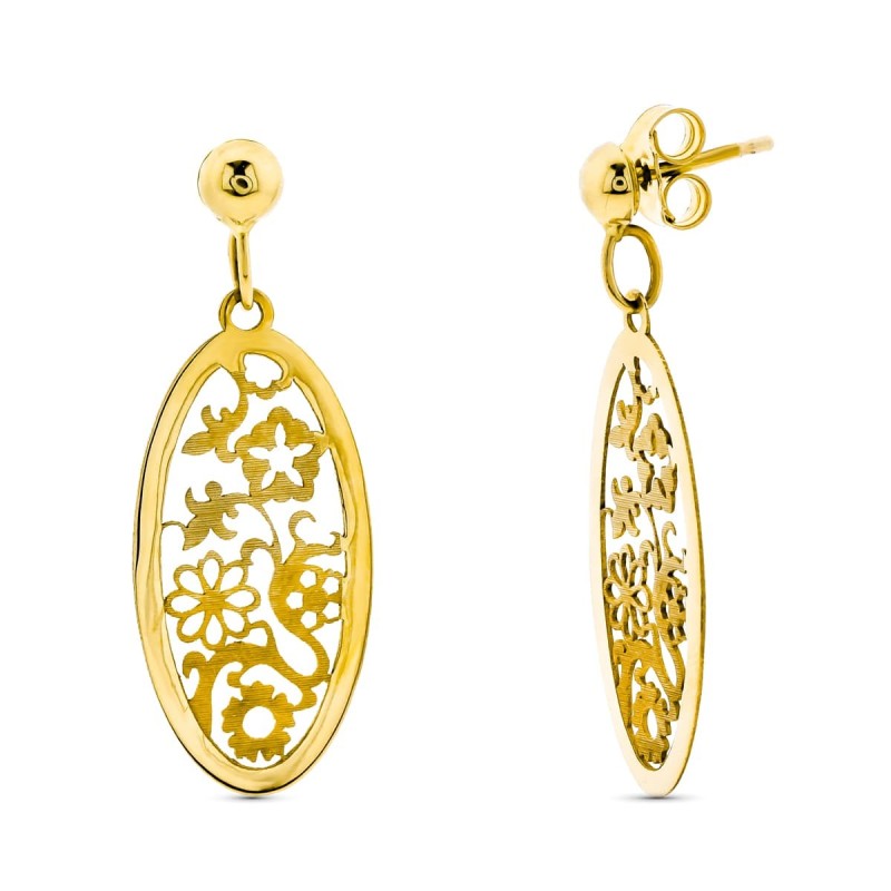 Pendientes Oro Amarillo Largo Oval Calado 36X13 Mm Cierre Presion oro 18k