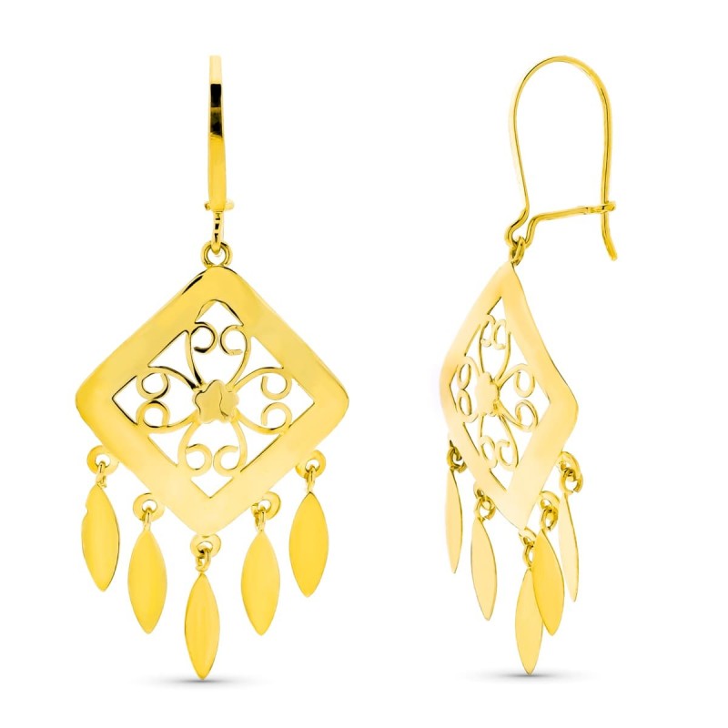 Pendientes Oro Amarillo Largos Calados Lagrimas Cierre Gancho oro 18k