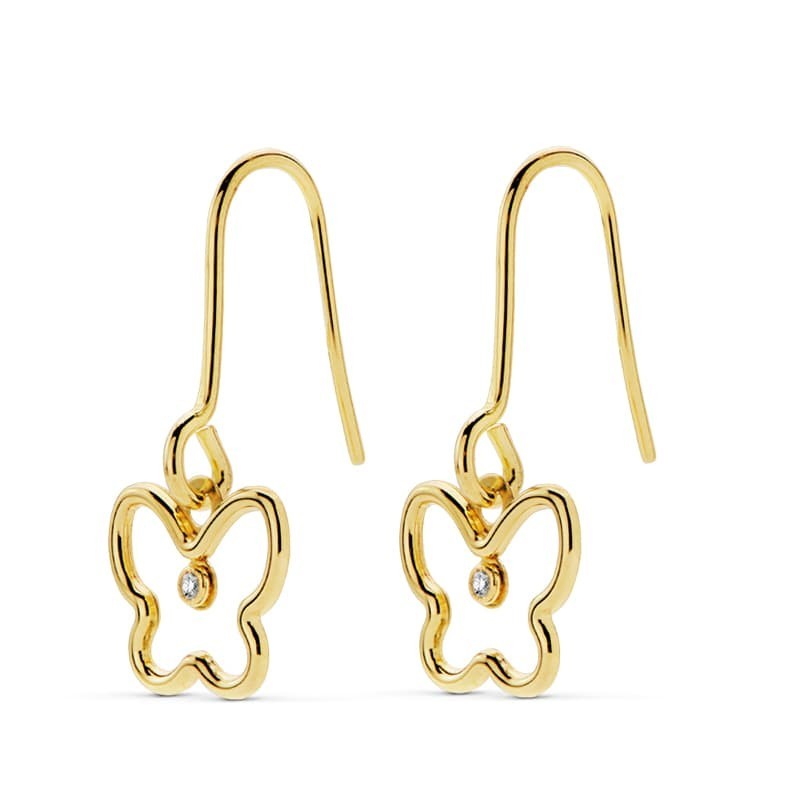 Pendientes Oro Amarillo Mariposa Circonita 19X9 Mm Cierre Gancho oro 18k
