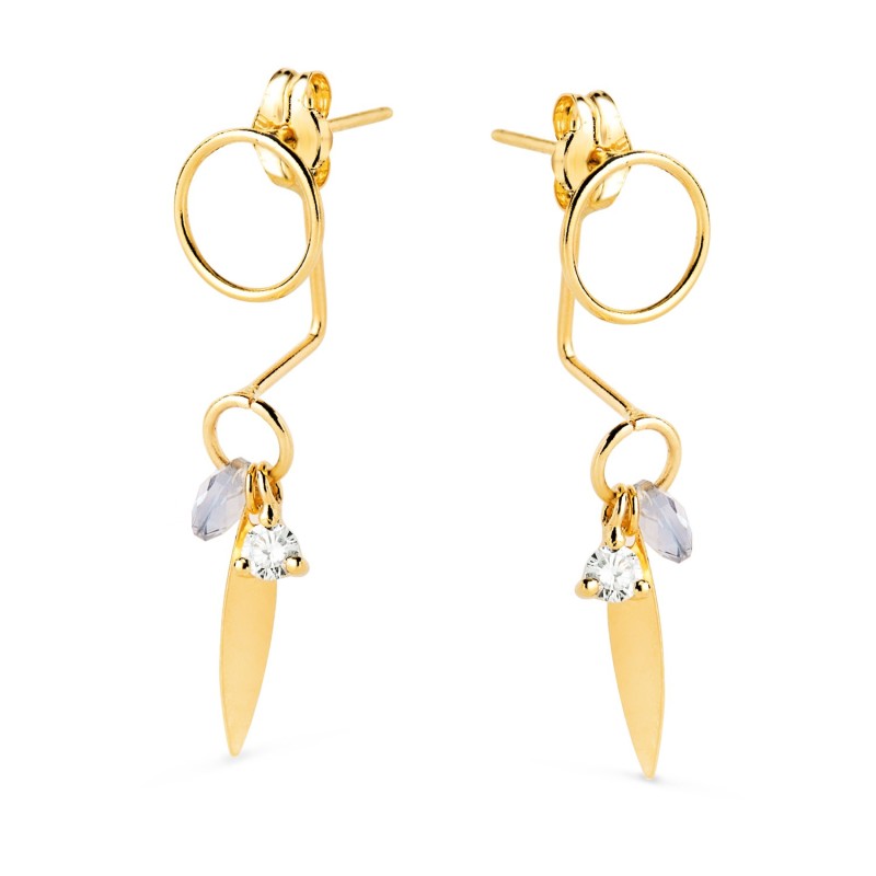 Pendientes Oro Amarillo Ear Jacketcon Circulo, Hoja Y Piedra Azul 27X7 Mm. Cierre Presion oro 18k