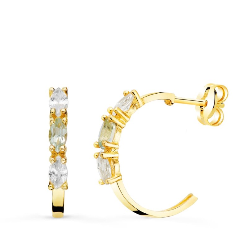 Pendientes Oro Amarillo 1 2 Aro Aguamarina Talla Marquise. 15X2 Mm Presion oro 18k