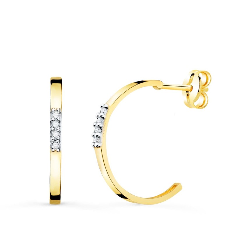 Pendientes Aros Abiertos Oro Bicolor Con Circonita 15 Mm Cierre Presion oro 18k