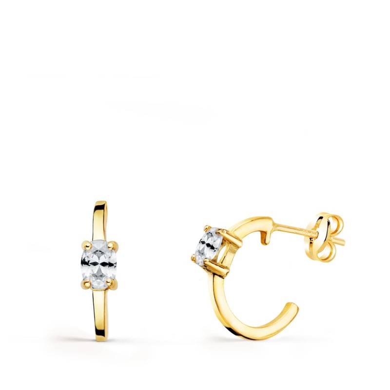 Pendientes Oro Amarillo Medio Aro Liso Con Circonita 12X3 Mm Cierre Presion. oro 18k