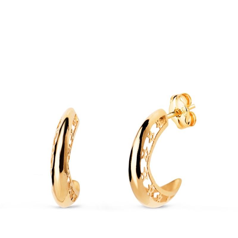Pendientes Oro Amarillo Aros Huecosestrellas Caladas. Medida: 12 X 3 Mm. Cierre Presion oro 18k